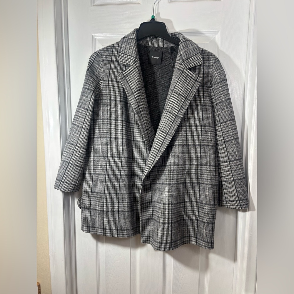 Theory Clairene Grey Multi Weston Doble Plaid Wool Blend Coat  Medium Size